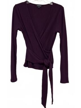 Express Ribbed Wrap Tie Front Sweater Top Medium Plum Purple
